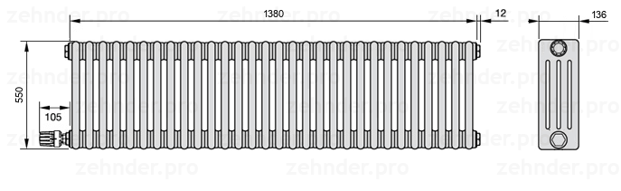 Схема (чертеж) Радиатор Zehnder Charleston 4055/30 №V003 Белый глянцевый RAL 9016